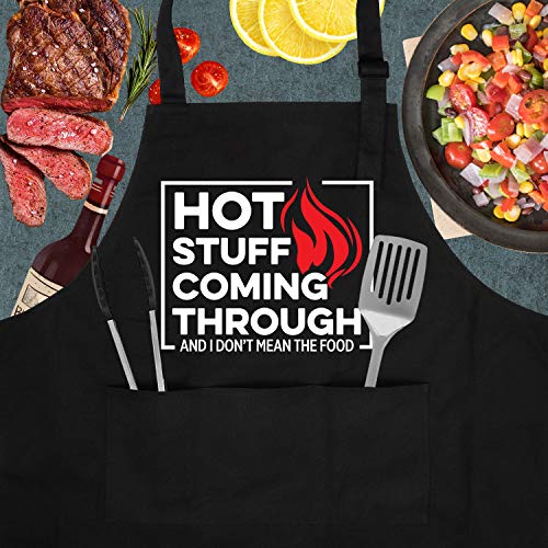 Hot Stuff Coming Through - Black Aprons for Men with 3 Pockets - Funny Birthday, Valentines Day Cooking Gifts for Men, Boyfriend, Him - Husband Valentine Gifts from Wife - Miracu Kitchen Chef Apron
