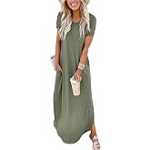ANRABESS Womens Summer Maxi Dress Short Sleeve Casual Sundress with Pockets | Flowy Loose Long T Shirt Dresses,Split Crew Neck,Beach Travel Vacation Clothing,Hawaiian Tropical Cruise Resort Outfits