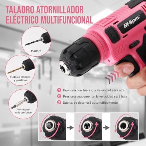 Hi-Spec Cordless Drill Driver Kit 8V and Tools - Complete Rechargeable Set with Basic Tools, Compact Case, Pink, Ideal for Home DIY