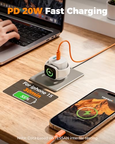 TESSAN Cargador para Apple Watch 3 en 1, PD 20W Cargador USB C Magnético con Dos USB Puertos, Cargador Inalámbrico Compatible with iPhone, AirPods, iWatch SE/S7/S8/S9/S10/S11 Series
