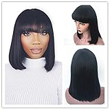 Dovie Hair Human Hair Bob Wigs with Bangs Brazilian Human Virgin Hair Yaki Machine Made Glueless Short Bob Wigs For Women (12'', Off Black #1b)