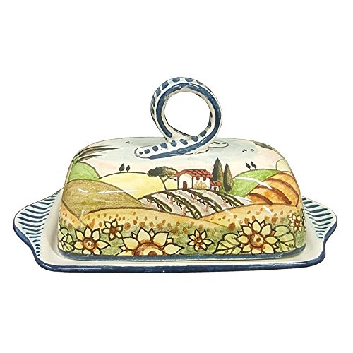 CERAMICHE D'ARTE PARRINI- Italian Ceramic Butter Dish Hand Painted Decorated Sunflowers Landscape Made in ITALY Tuscan Art Pottery