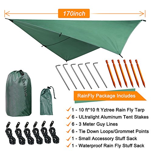 YZtree Tarp Tent ,10x10ft Waterproof Fly Tent Tarp Ripstop Nylon Camping Camping Shelter with 170" Centerline for Camping, Hiking, Backpacking, Hammock, and Outdoor Living - Thumbnail 4