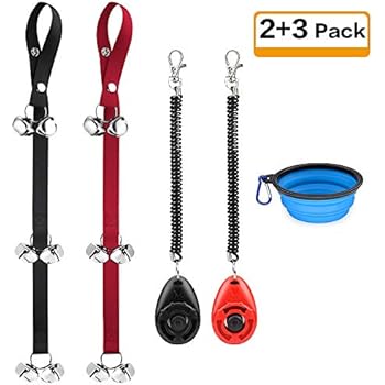 Kytely 2 Pack Dog Doorbell Adjustable Dog Bells for Potty Training with 2 Dog Training Clickers and One Collapsible Dog Bowl for Door Knob, Puppy Training, Housebreaking
