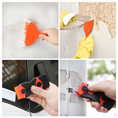 ValueMax 2-Pack Razor Blade Scrapers with 20Pcs Plastic Blades, 20Pcs Metal Blades and 3-Pack Plastic Putty Knives, Cleaning Razor Scraper Remover Tool for Decals, Stickers, Labels, Caulk, Paint