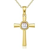 Pearl Cross Necklace for Women, Sterling Silver Women Cross Necklace with 16K Gold Plated, Dainty Faith Spitural Protection Christian Jewelry Christmas Gift for Women on Birthday Anniversary Christmas for Wife Girlfriend Her