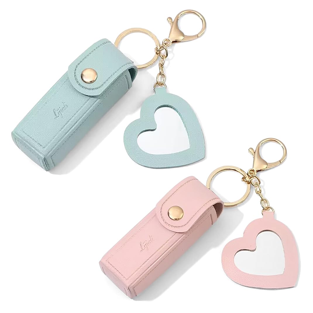 DIYBravo 2 pcs Lipstick Cases Keychain Chapstick Case Holder Lip Balm Sleeves Pouch with Mirror Heart Shaped, Portable Leather Lip Gloss Mini Bags Stocking Stuffers (pink+turquoise)