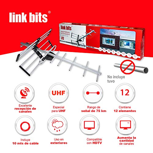 LINK BITS HD001 Antena Exterior aérea HDTV de Largo Alcance, Alcance Amplificado, 12 Elementos, Alta definición, (fácil de Instalar).