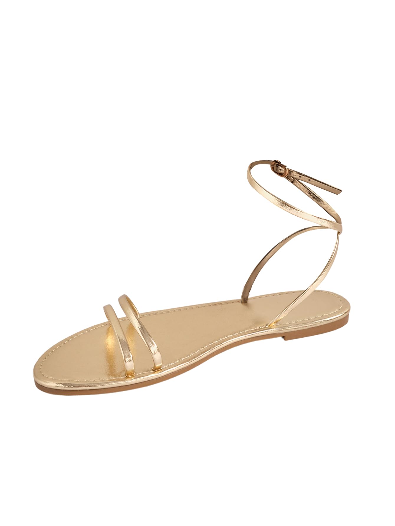Photo 1 of GORGLITTER Women's Strappy Flat Sandals Ankle Strap Open Toe Dressy Summer Flats Sandal Gold 6