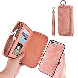 iPhone 7 Plus Wallet Case - JAZ Zipper Purse Detachable Magnetic14 Card Slots Card Slots Money Pocket Clutch Leather Wallet Case for iPhone 8 Plus/7 Plus Rose gold