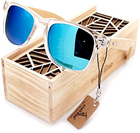 JapanX Bamboo Sunglasses & Wood Wooden Sunglasses for Men Women, Polarized Lenses Gift Box – Wooden Vintage Wayfarer Sunglasses - Bamboo Wood Wooden Frame – New Style Sunglasses (A2 BLUE LENS)