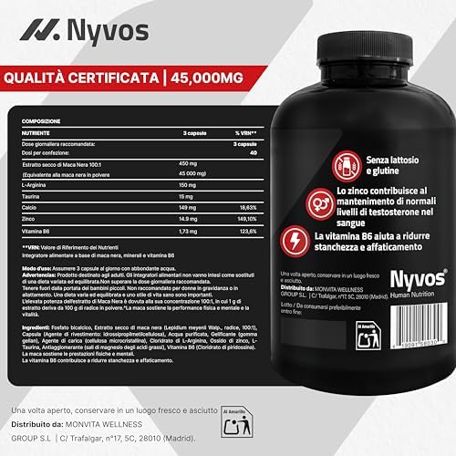 Maca Peruviana Plus – Maca Nera 45.000 mg Equivalenti (100:1), Arginina, Taurina, Vitamina B6 – Testosterone Uomo – 180 Capsule – Vegano, Senza Glutine né Lattosio – Pre workout, Energia e Muscoli — foto 5 di 8