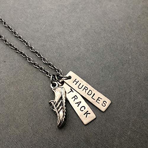 RUN TRACK HURDLES Necklace - Pewter Running Shoe Charm and 2 Hand Hammered Nickel Silver Pendants Hand Stamped with TRACK and HURDLES on 18 inch Gunmetal Chain - Thumbnail 2