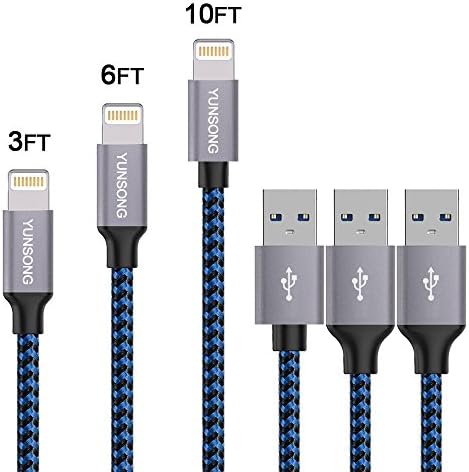 Lightning Cable, YUNSONG 3PACK (3FT,6FT,10FT) Nylon Braided Charging Cable Cord Lightning to USB Cable Charger Compatible with iPhone 7/ 7 Plus/6/6s/6 plus/6s plus/ 5s/5c,iPad, iPod and More (Blue)
