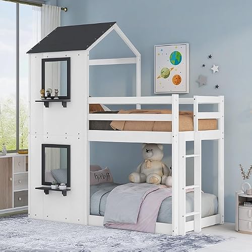 MERITLINE Twin Over Twin House Bunk Bed, Wood Low Floor Bunk Bed Frame ...