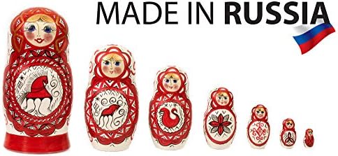 Russian Nesting Doll - "Northern Traditional Patterns" - Hand Painted in Russia - 16 color/size variations - Wooden Decoration Gift Doll - Matryoshka Babushka (8`` (7 dolls in 1), White with horse)