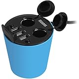 MUNDUS CM100 Cup Holder Car Charger 2-Socket Cigarette Lighter Power Adapter DC Outlet Splitter & 2.4A Three Triple USB Ports - [Input: DC 12-24V/10A MAX, Output: 120W MAX] [Blue]
