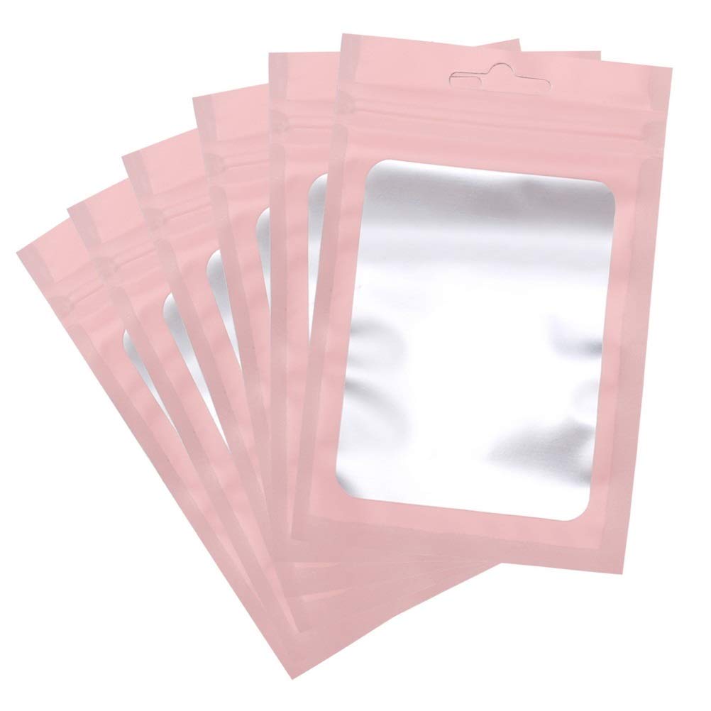100 PCS Foil Pouch Bag, Pink Resealable Mylar Ziplock Foil Bag with Clear Window for Food Self Sealing Storage Supplies (3.1 x 5.1 Inch,8 x 13 CM)
