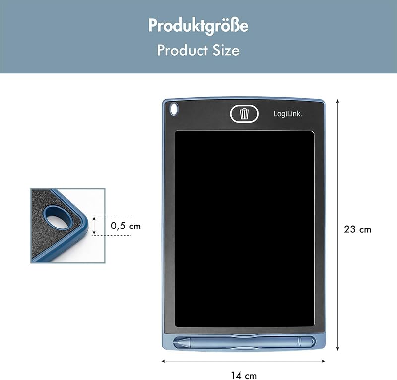 LCD-Schreibtafel 8,5", lösch- und wiederbeschreibbar, augenschonend, Bildschirmsperre, EIN-klick-Radierer, Magnete zum Anheften an den Kühlschrank, inkl. Stylus Stift, Farbe: Blau