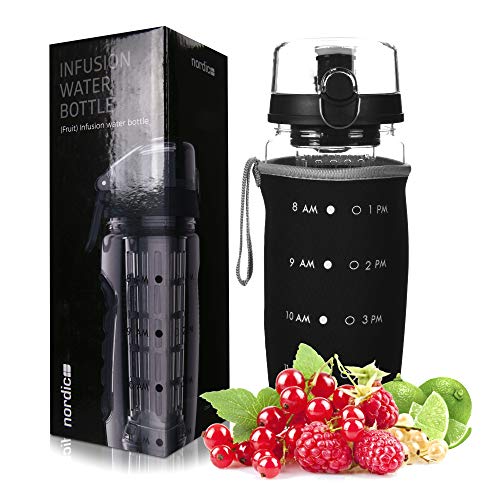 DailyNordic 32 oz Large Fruit Infuser Sports Water Bottle with Insulated Sleeve - BPA-Free, Leak Proof -Full Length Infusion Basket, Flip-Top-Hydration Timeline Tracker-Detachable Ice Gel Ball