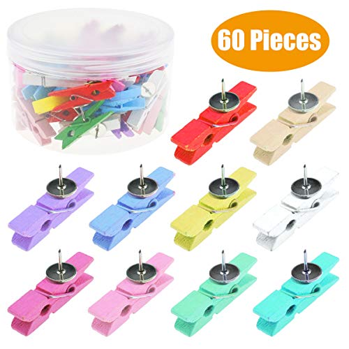 Jyongmer 60 Pieces Colorful Wooden Clips with Push Pins, Decorative Paper Clips Clothespins Pushpins Thumbtacks for Cork Boards, Craft, Photos, Notes, School & Office Projects