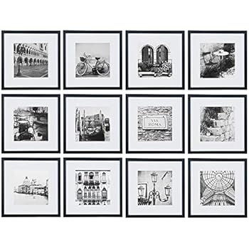Gallery Perfect Gallery Wall Kit Square Photos with Hanging Template Picture Frame Set, Black, 12 Piece