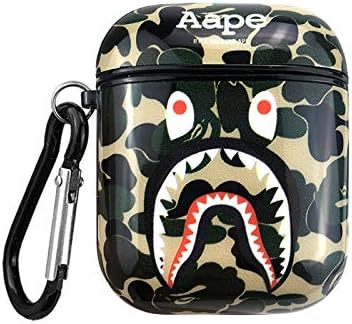 Hard Plastic Green Army Camo Shark Case for Apple Airpods 1 2 with Bag Hook Protective Mini Bag Protector Shockproof Smooth High Fashion Brand Boys Teens Men Boyfriend Husband Guys
