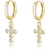 Reffeer Solid 925 Sterling Silver Cross Hoop Earrings Dangle for Women Teen Girls CZ Cross Drop Earrings Huggie