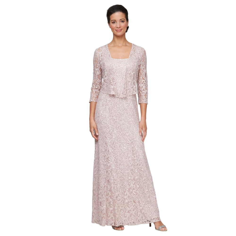 Alex Evenings Women’s Long Mother of The Bride Sequin Lace Jacket Dress with Illusion Sleeves (Petite and Regular Sizes), Shell Pink, 8