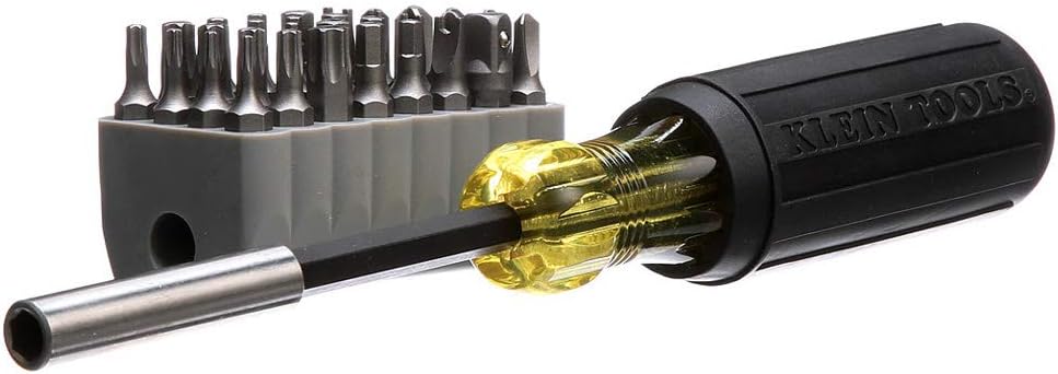 Klein Tools 32510 Magnetic Multibit Screwdriver with Sturdy Torx, Hex, Spanner, Tri-Wing, Torq and Nut Tamperproof Bits and Storage Block - - 