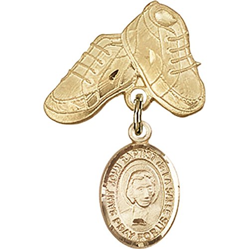 Gold Filled Baby Badge with St. John Baptist de la Salle Charm and Baby Boots Pin 1 X 5/8 inches