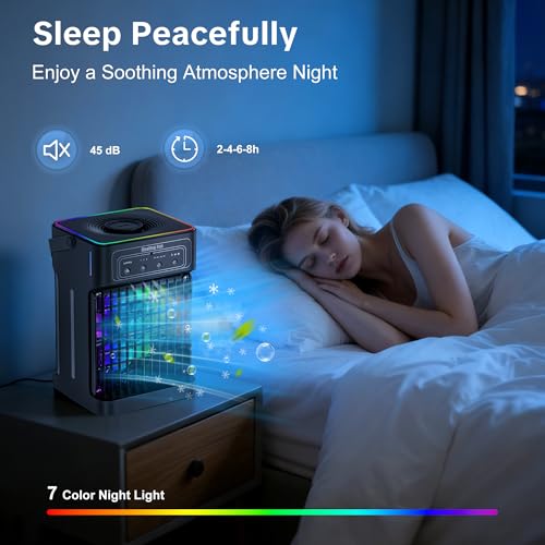 Portable Air Conditioners, 2026 Upgraded 4-IN-1 Quiet Portable AC Unit with Remote, 1100ML Tank Evaporative Air Cooler, 7 Color Light Personal Mini Air Conditioner for Bedroom,Office, Camping, Car,RV