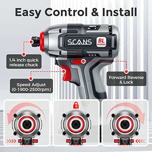 Cordless Impact Driver Set, SCANS 20V Brushless Impact Driver kit, 1550In.lb Max Torque, 2500RPM, 1/4