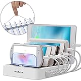 Multiple Devices Charging Station MSTJRY 7 ports USB Tablet Charging Dock with Switch for Apple iPhone Ipad Cellphones &amp; Android Devices with Elastic Band (White, Short Cables Not Included)