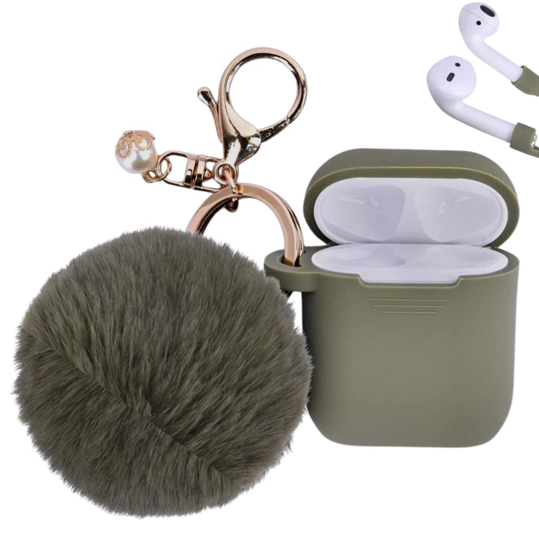 For Apple Airpods Case, PERSONALLY YOURZ Airpods Case Cover For Airpods 2&1 Cute AirPods Silicone Protective Case Cover With Keychain Fluffy Pompom With Straps Best Gift For Females (Olive)