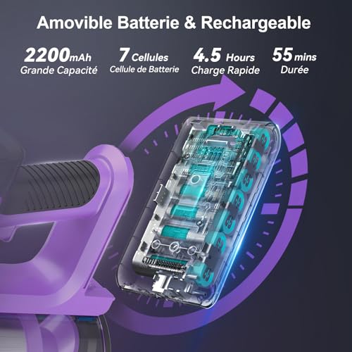 Yassol Aspirateur sans Fil, Aspirateur Balai sans Fil Puissant 55000Pa Pliable, 55Min Autonomie, Aspirateur sans Sac Léger Anti-Emmêlement pour Sol Dur Tapis Poils d'animaux Voiture(Violet)