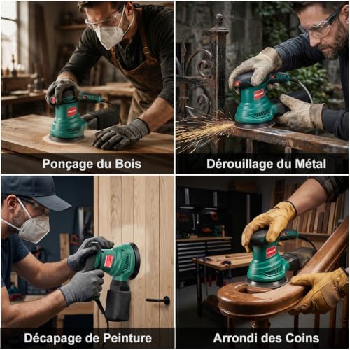 HYCHIKA Ponceuse Excentrique, 6 Vitesses Variables 300W 13000RPM Ponceuse Orbitale, 12Pcs Disque Abrasif 125mm, Ponceuse Bois avec Collecte de Poussière pour le Polissage du Ponçage du Bois