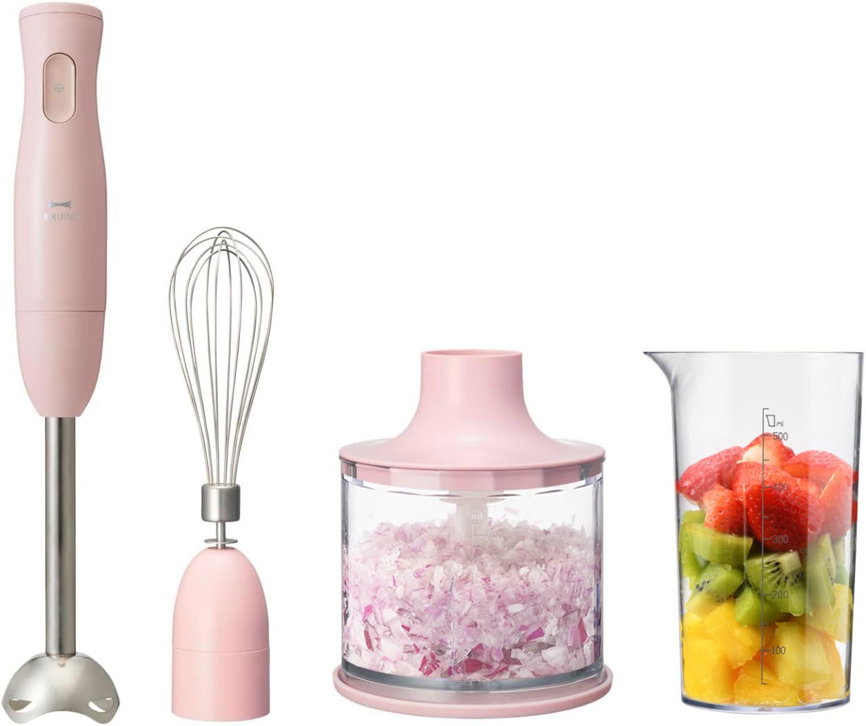 BRUNO ブルーノ マルチスティックブレンダー 離乳食 1台5役 (混ぜる つぶす 刻む 砕く 泡立てる) ピンク ギフト プレゼント お祝い 母の日 人気 キッチン家電 ミキサー フードミキサー フードプロセッサー 氷も砕ける 泡立て 泡立て器 洗いやすい おしゃれ かわいい 刻む 氷対応 初心者 つぶす アタッチメント 5役 7760355 BOE034-PK商品画像