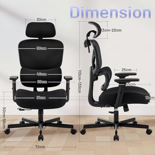 Coscendo Ergonomic Office Chair with Headrest and Lumbar Support, Black | Height Adjustable, Lockable Reclining Backrest, 150 KG Max Load, Breathable Mesh, Flip-Up Armrests for Home & Office
