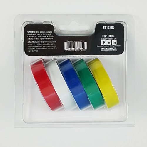 Cambridge Electrical Tape Professional Grade 1/2 Inch by 20 Feet per Roll 5 Rolls 1 Each of Yellow Green Blue White Red