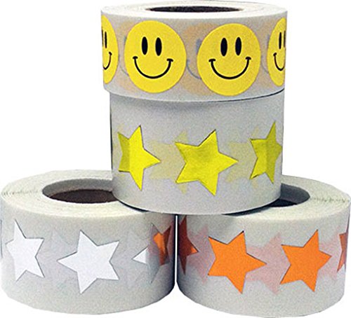 3/4" Metallic Gold, Metallic Copper, Metallic Silver Star Stickers & Yellow Smiley Happy Face Stickers Pack- 2,000 Total Adhesive Labels
