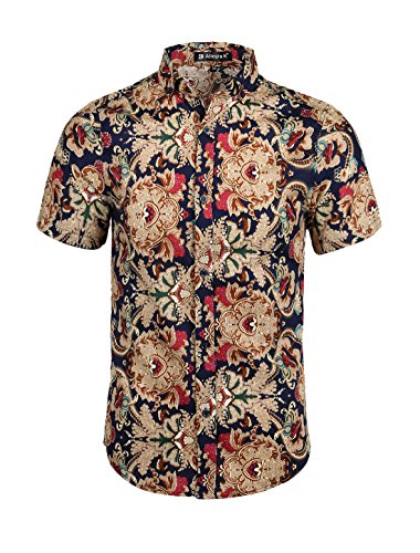 Allegra K Men Short Sleeve Button Down Vintage Flower Pattern Casual Shirt M Camel