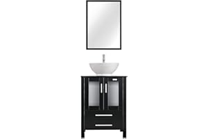 eclife 24" Modern Bathroom Vanity Sink Combo Black Stand Cabinet White Round Ceramic Vessel Sink & Chrome Water Save Faucet & Solid Brass Pop Up Drain with Mirror (A06 B02)