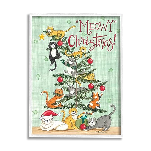 Stupell Industries Meowy Christmas Holiday Cats White Framed Giclee Art Design…