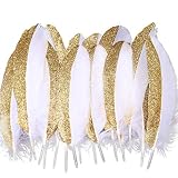 BABEYOND 42 Pcs Gold Dipped Feather Goose Feather Natural Craft DIY Decoration Feather for Party Decoration Wedding Dress Up Room Decoration (White & Gold)