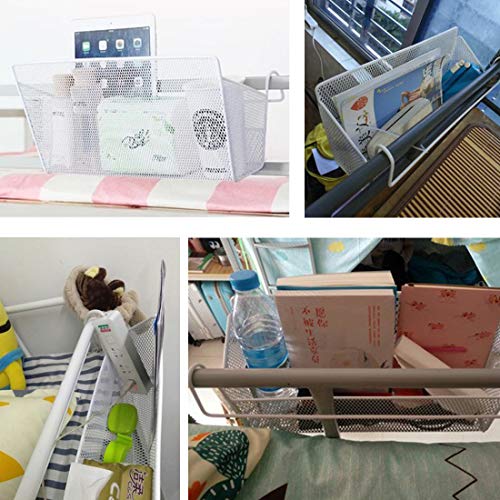 RuiyiF 2 Pack Bunk Bed Storage Basket,Dormitory Bedside Storage Baskets Metal Desk Corner Organizer Hanging with Hook for Books Phones Tissues Water Bottle (White)