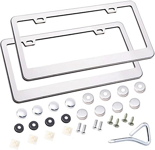 SWEEW 2 Piece Polished Stainless Steel License Plate Frame Chrome, 28pcs Screw Caps Include (Screws, Black Screw Caps, Screw Fasteners, Screwdriver) (Silver)