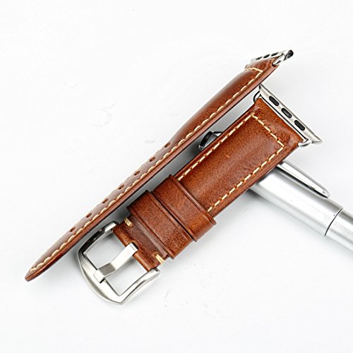 MAIKES Oil Wax Leather Strap Replacement for Apple Watch Band 44mm 40mm 42mm 38mm Series 4 3 2 1 iWatch Watchband Compatible with Apple Watch(42mm, Light Brown+Silver Buckle)