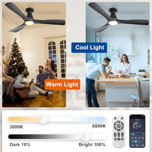 Depuley 52 Inch Ceiling Fans with Lights: Low Profile Recessed Black Ceiling Fan - Silent and Dimmable DC Motor Fan with Remote Control APP Timer