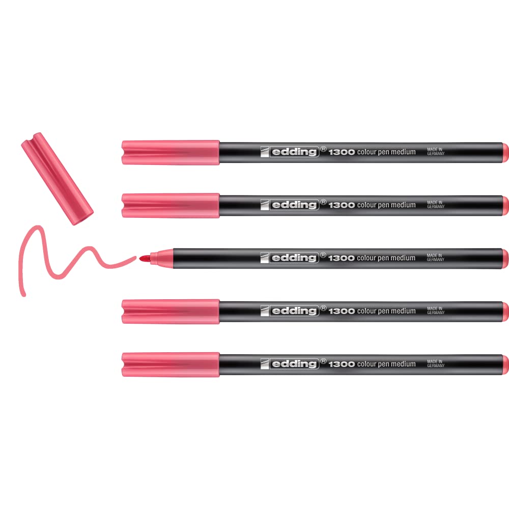 edding 1300 colour pen medium - coral pink - 5 pens - round nib 2 mm - felt pen for drawing and writing - felt pen for school, mandalas, bullet journals